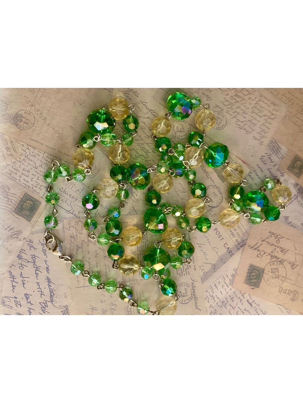 Vintage Green and Yellow Faceted Crystal Station Necklace